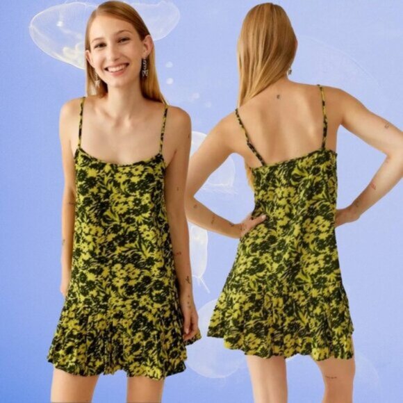 Urban Outfitters | Camille Mini Frock Dress Yellow Green Digitized Floral Medium - Picture 4 of 16